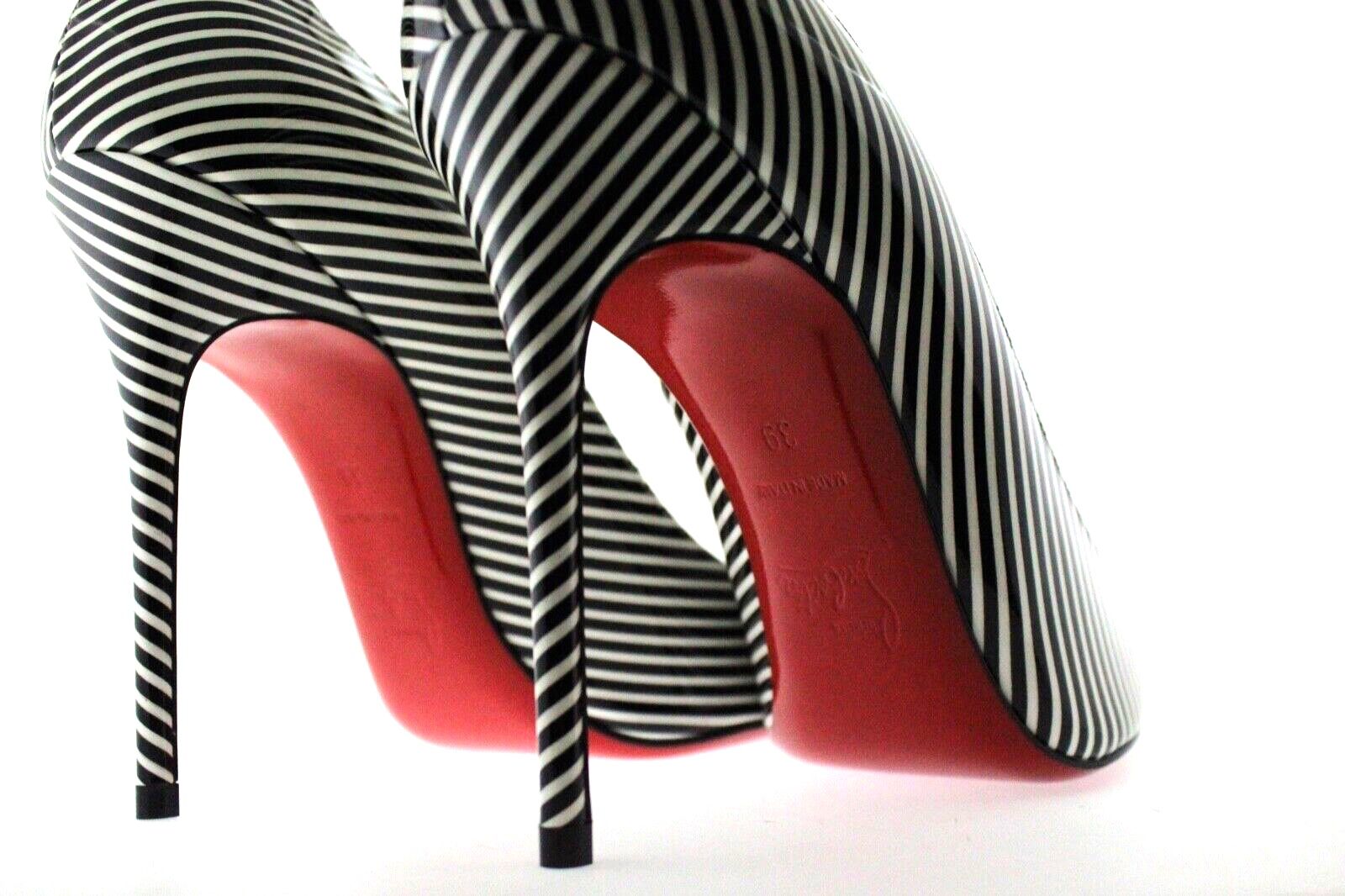 NEW Christian Louboutin Kate 100 patent stripes Black White Heel Pump 39 EU, 9 US with BOX Women’s shoes Wedding Party Casual Classic