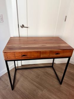 Joss & Main Winton Solid Acacia Wood 2-Drawer Rectangle Desk/Table with Iron Base
