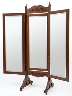 Antique Oak Triple Panel Cheval Floor Mirror