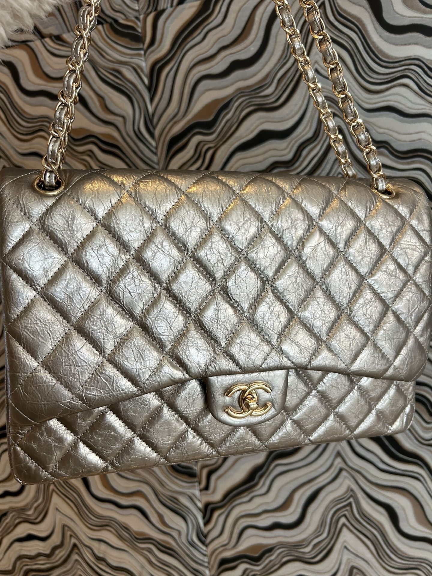 Chanel Large Size Goldy Silver Classic Flap Bag