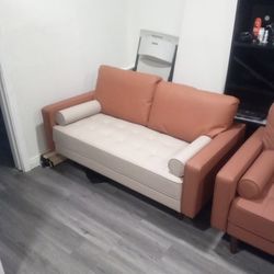 Light Beige And Tangerine Orange Leather Couch