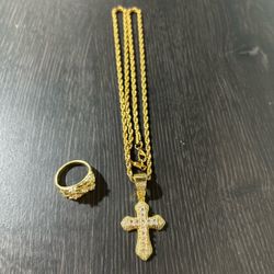 Gold necklace w/ cross pendant and diamond nugget ring