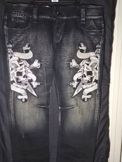 Ed Hardy Rhinestone Skull Dagger Jeans Mens 44x34 Black Distressed Y2K Vintage