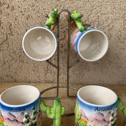 ARIZONA COFFEE MUGS TOTAL OF 4 WITH CACTUS HANDLE INCLUDES MUG HOLDER
