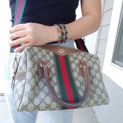 Authentic Vintage Gucci GG Monogram Supreme Sherry Web Ophidia Boston Doctor Crossbody Satchel Bag