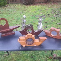4 Antique Vintage Boat Ship Wood Clock Cases Metal Sails Parts Repair Art Craft Supplies