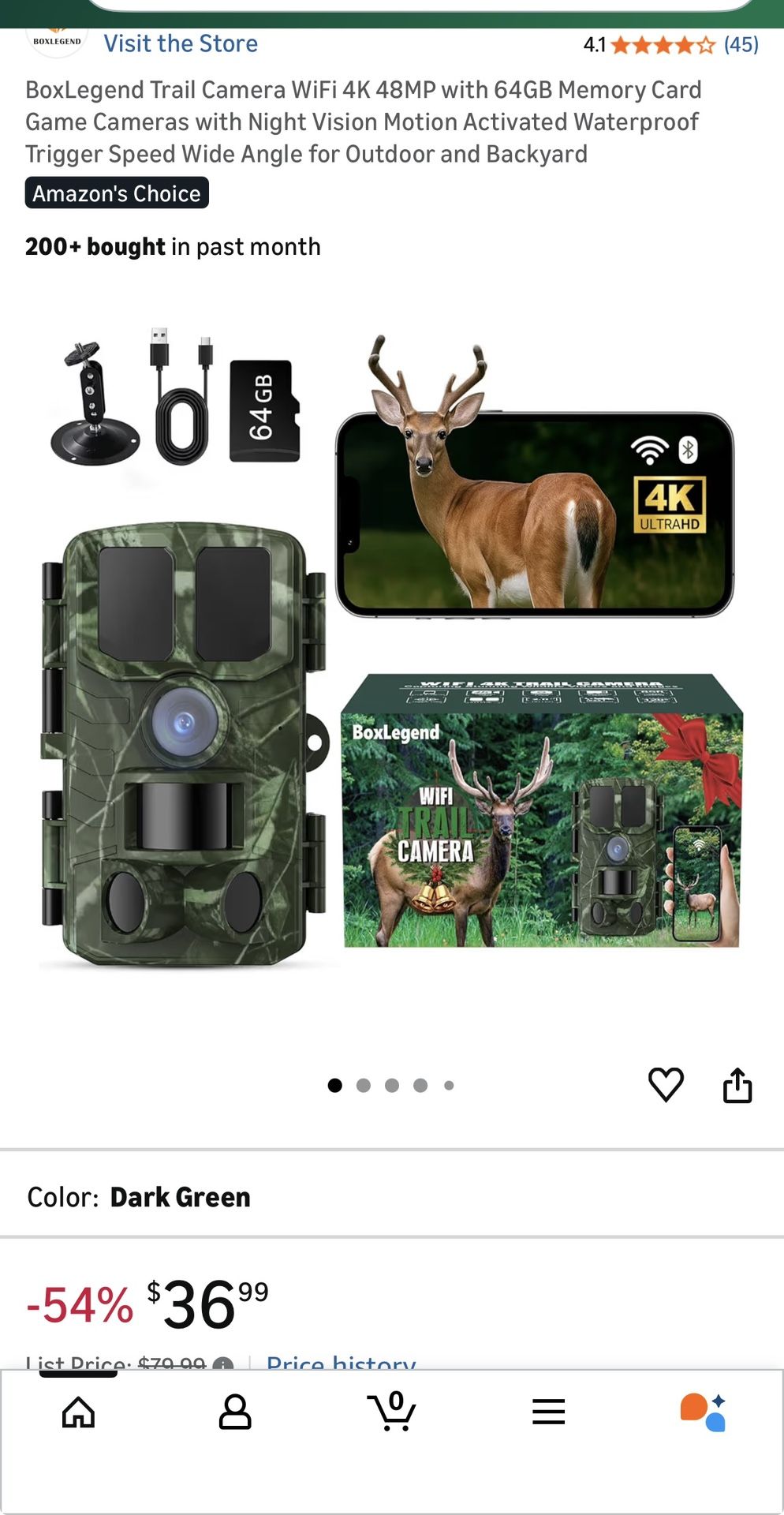 Camera WiFi 4K 48MP with 64GB Memory Card Game Cameras with Night Vision Motion Activated Waterproof Trigger Speed Wide Angle for Outdoor and Backyard