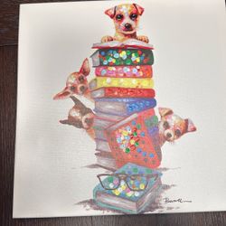 Abstract Pop 16" Art Deco Puppy Dog & Books Acrylic Giclee Canvas