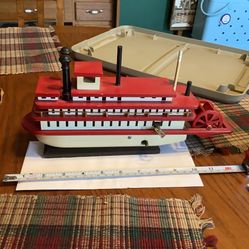 Vintage George GOOD Corporation wooden wind up musical box Ferry boat Dixieland, 12” long Works, sounds good, great old display piece
