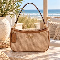 Coach Woven Straw and Leather Shoulder Bag
