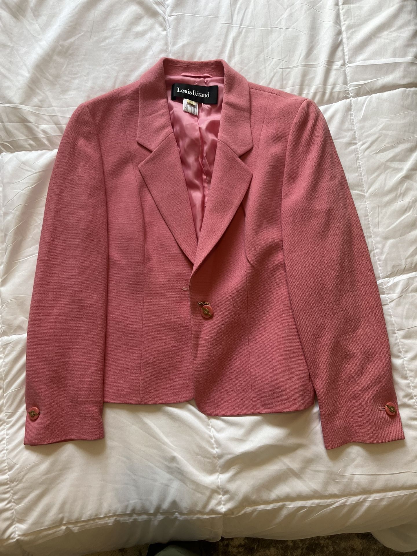 Vintage Louis Feraud Virgin Wool 2 Piece Blazer And Skirt - Size 12 - Pink