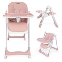 3-in-1 Foldable High Chair for Babies & Toddlers – Adjustable Height, Reclining Seat, 5-Point Safety Harness, Removable Tray, Lockable Wheels, Washabl