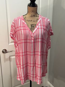 Pink Plaid V-Neck Short Sleeve Top