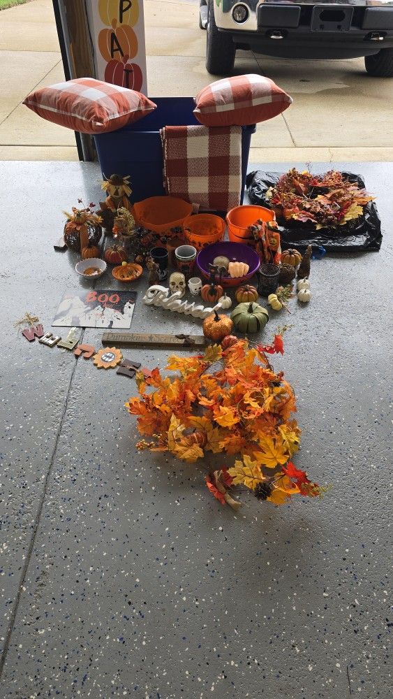 Box Of Fall And Halloween Decorations