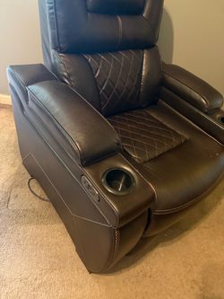 Dark Brown Leather Power Recliner with Cup Holder