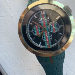 Gucci-Style Pantheon Chronograph Watch - Green & Gold