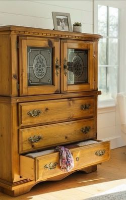 Wood Dresser with Glass Paneled Doors & Light and 3 Drawers