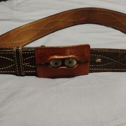 Vintage Leather Artisan Belt Buckle ; 2 Blue Eyes , Leather Made To Look Like Skin