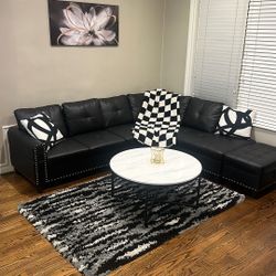 L Couch With Ottoman, Coffee Table, Modern Rug