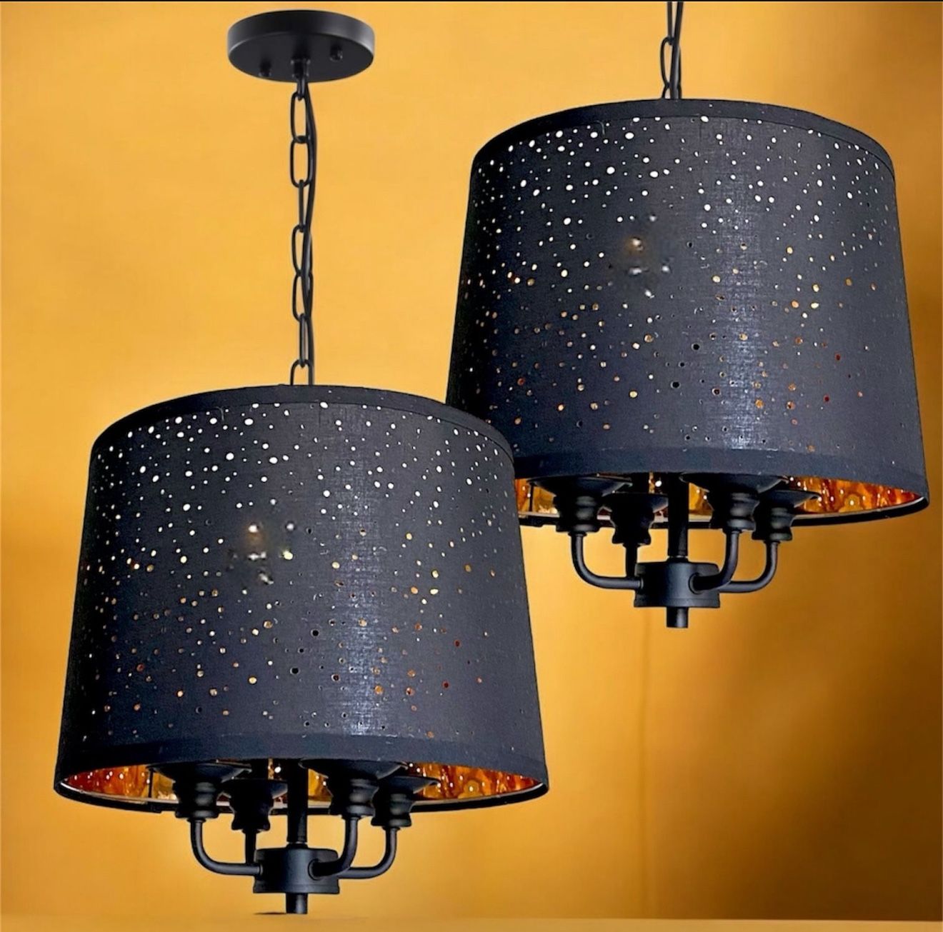 Set of 2 Black Gold Pendant Lights Chandeliers.