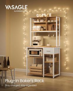 Bakers Rack with Charging Station, Coffee Bar, 15.7 x 31.5 x 71 Inches, Kitchen Microwave Stand, Adjustable Storage Shelves, Fabric Drawer, 12 Hooks, 