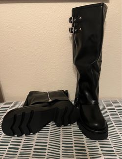 Black Knee-High Platform Boots with Buckles