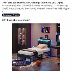 Twin Size Bed Frame with LED Lights and Charging Station