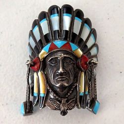 Vintage Navajo Chief Bolo Concho Centerpeice - Silver with Turquoise and Gem inlay