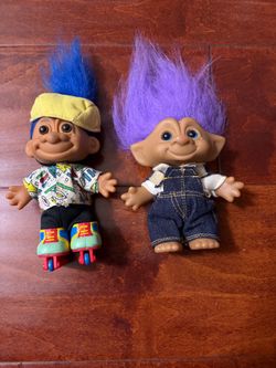 Vtg Russ Berrie Troll Dolls Lot 2 Blue Hair Roller Skater Purple Hair Overall 5”