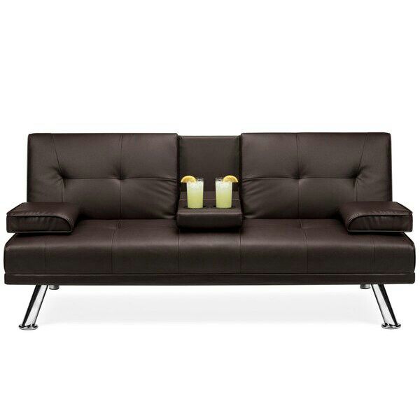 Modern Faux Leather Convertible Futon Sofa Bed Recliner Couch w/ Metal Legs, 2 Cup Holders - Brown