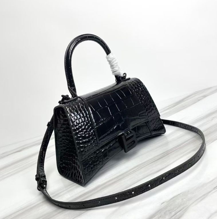 Balenciaga Hourglass Large Croc-Embossed Leather Bag in Black
