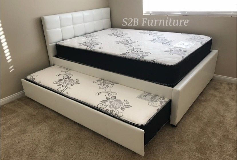 Full Twin White Trundle Bed With Ortho Mattress Included 