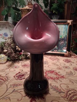 Vintage Hand-Blown Cased Art Glass Jack-in-the-Pulpit Vase – Black & Pink (13.5")