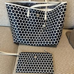 Michael Kors Large Jet Setter Navy Blue Polka Dot Tote And Wristlet 