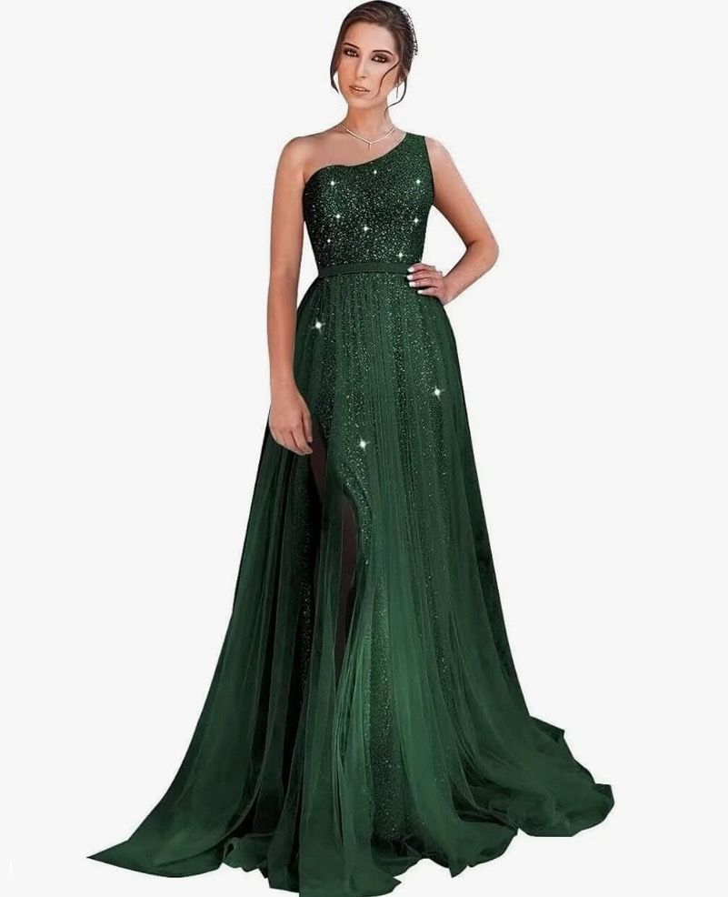sparkly green prom dress size 8 w leg slit, sequins, tulle, a line, one shoulder neckline 