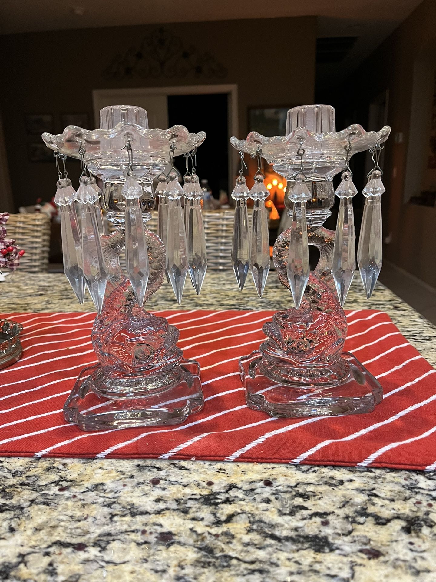 2 Cambridge Glass Dolphin Candelabras