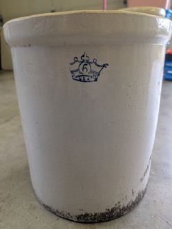 Antique 6 Gallon Stoneware Crock Blue Crown
