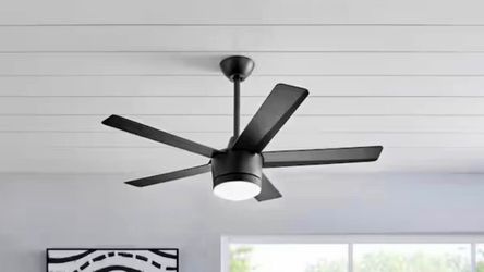 Merwry 48 in. Integrated LED Indoor Matte Black Ceiling Fan with Light Kit and Remote Control. Home Decorators Collection Model # SW1422/48in/MBK