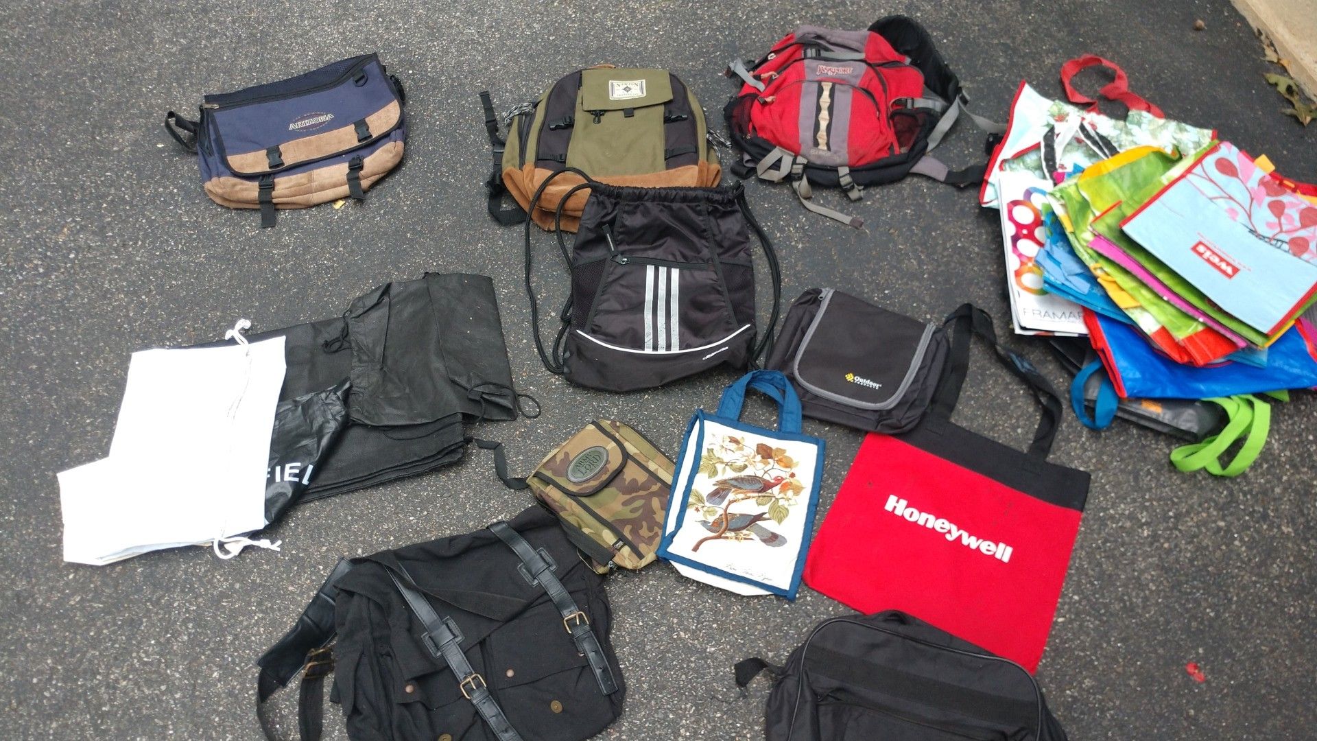 Various duffles, backpacks, satchels, etc