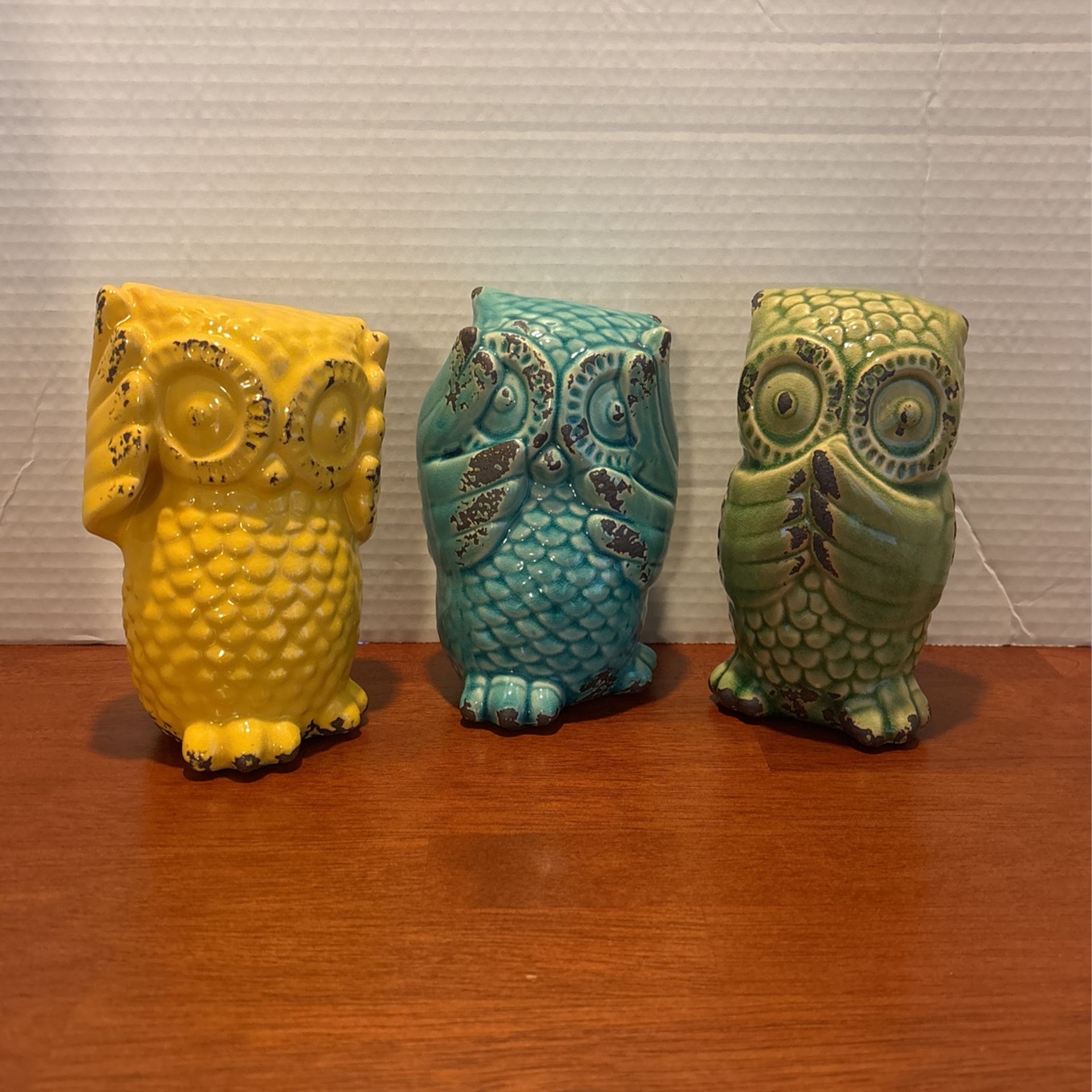 Set of 3 Colorful See, Hear, and Speak No Evil Rustic Ceramic Owls A2