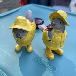 2 Adorable Bird Figurine in Yellow Rain Gear - Home & Garden Decor