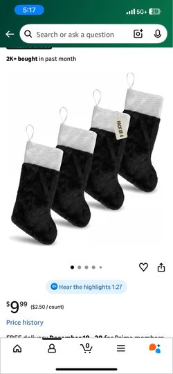 Iconikal 4-Pack Black 18" Plush Fabric Christmas Stocking Soft White Cuff
