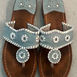 Jack Rogers Blue Thong Flat Leather Palm Beach Women's Sandals Size 9
