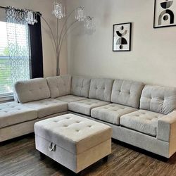 NEW IN BOX Grey  Reversible Sectional + Ottoman -Fabric Water Resistant FINANCE available $54 down