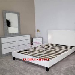 NEW QUEEN BEDFRAME MIRROR DRESSER AND 1 NIGHTSTAND. SET ALSO SOLD SEPARATELY 