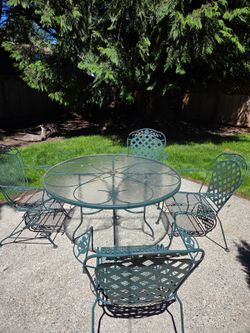 Wrought Iron Style Patio Dining Set - 4 Chairs & Glass Table