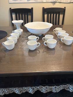 Milk Glass Punch Bowl Set with Cups