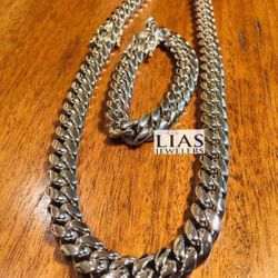New 18k White Gold Cuban Link Chain And Bracelet 