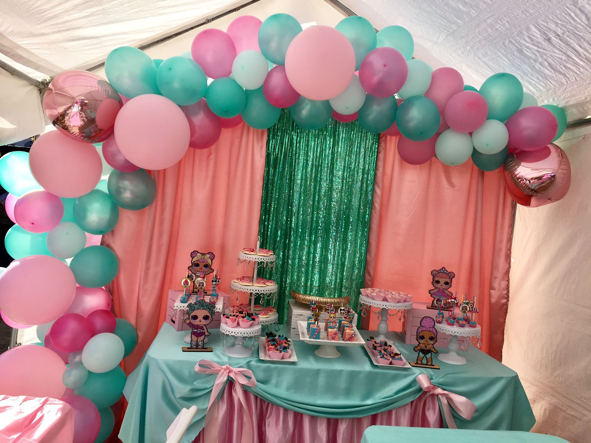 Lol Dolls Backdrop, Table Set Up, Sweet Treats and Balloon Garland
