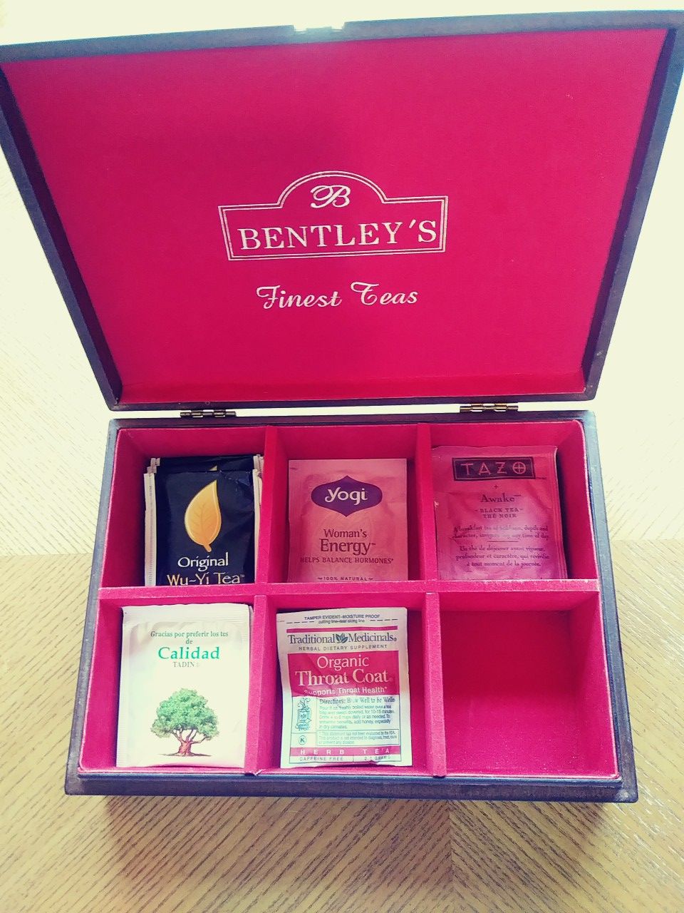 Bentley's Finest Teas Wooden Box w/ assorted Tea.